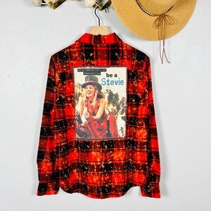 NWT Angry Minnow Vintage Bleached Red Plaid Stevie Nicks Graphic Flannel Shirt